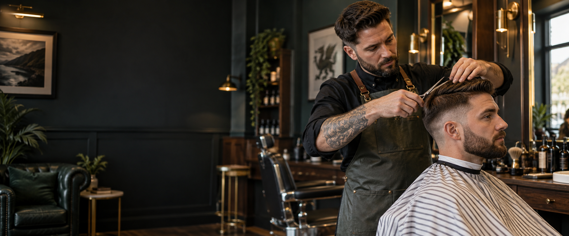 A professional barber giving a modern haircut in a stylish independent barbershop