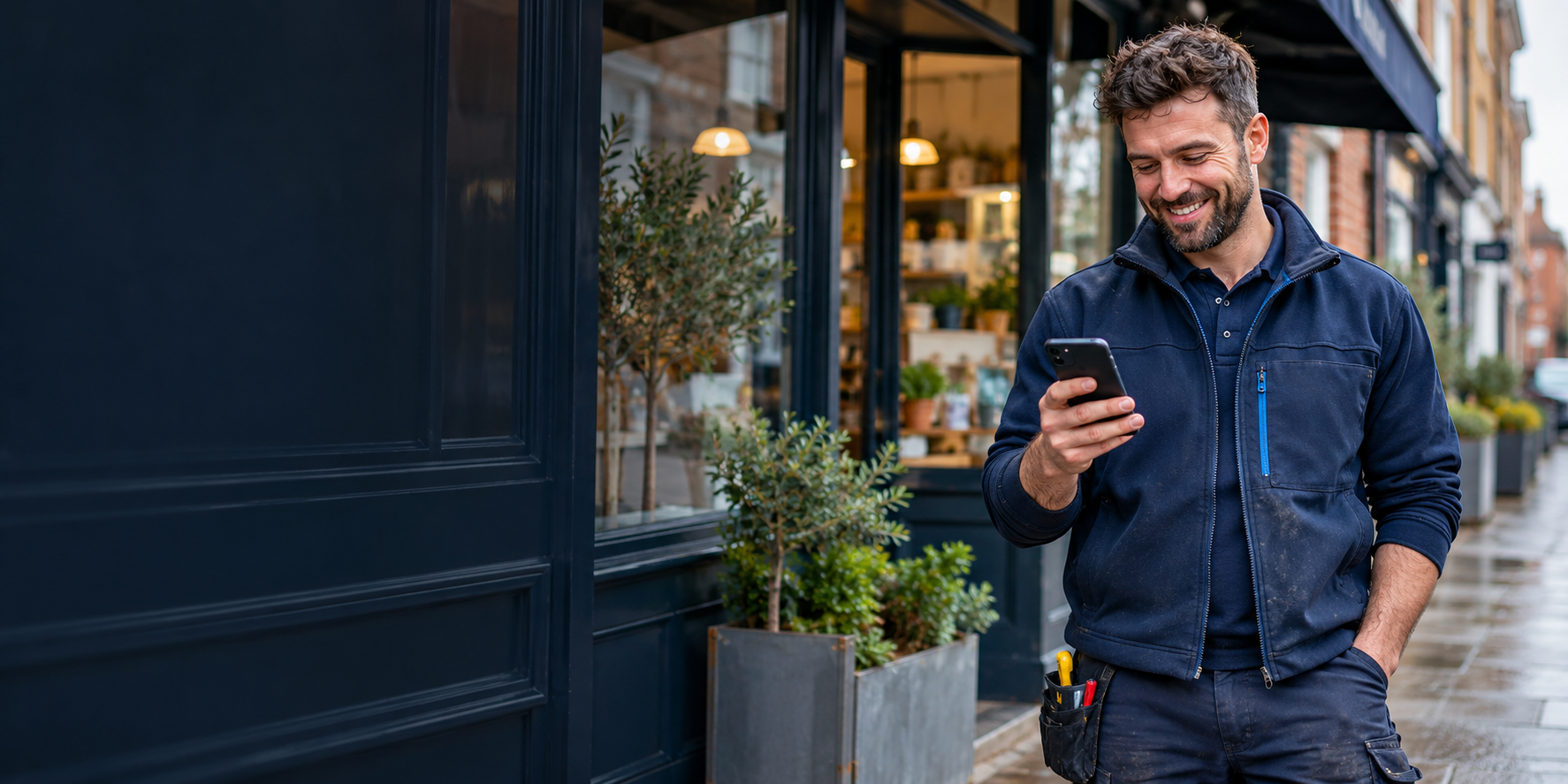 Local tradesperson using a phone outside a shop