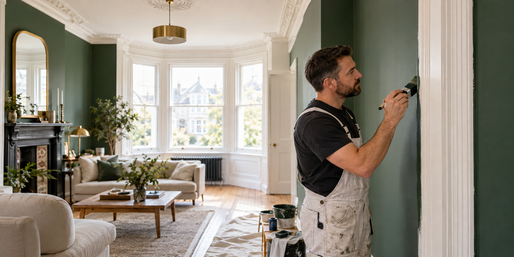Professional painter carefully finishing a deep green wall in a bright period home